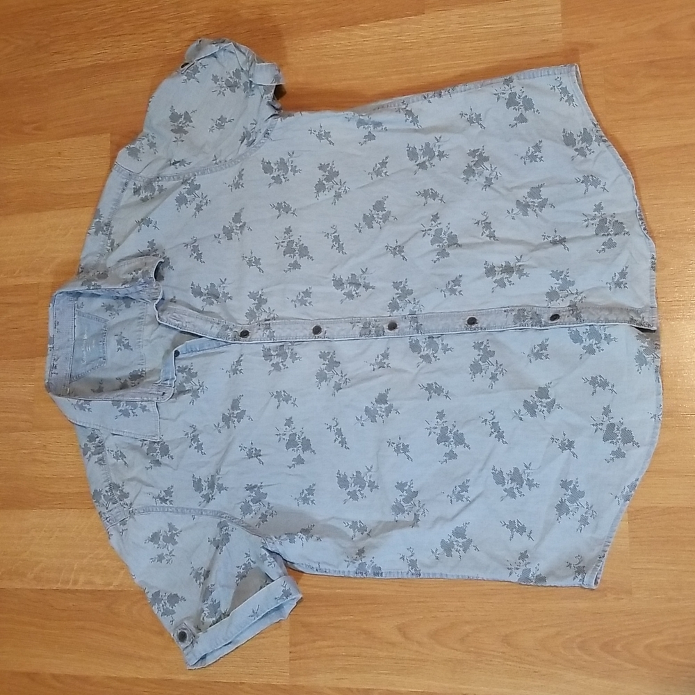 Calvin Klein Jeans mens short sleeve button down leaf print shirt blue XL EUC